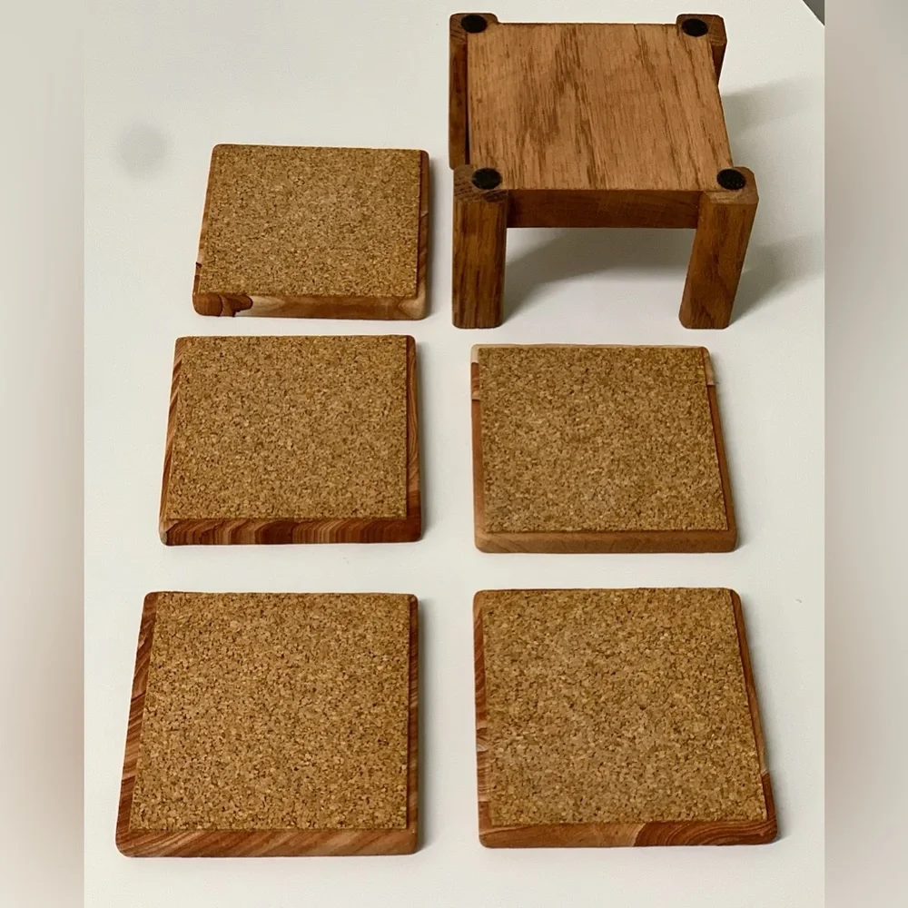 Vtg Set of 5 Evergreen Tree Engraved Marbled Sandstone Cork Lined Drink Coasters